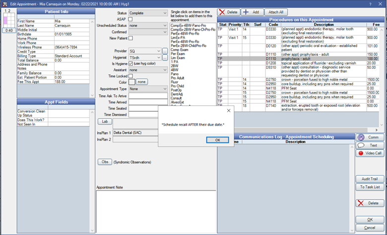 screenshot of a popup appearing on completion of a procedure in Practice-Web as example of integrated perio tools