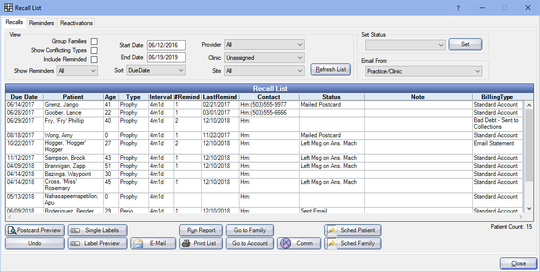 Screenshot of the Recall List in Practice-Web - also displayed are Reminders and Reactivations lists