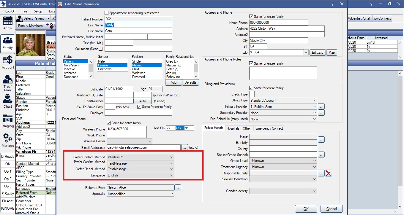 Screenshot of Practice-Web showing patient communication preferences options