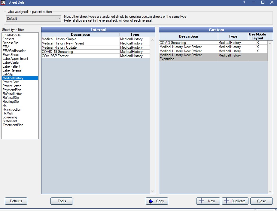 Sheets Defs screenshot showing different types of Medical History forms available.