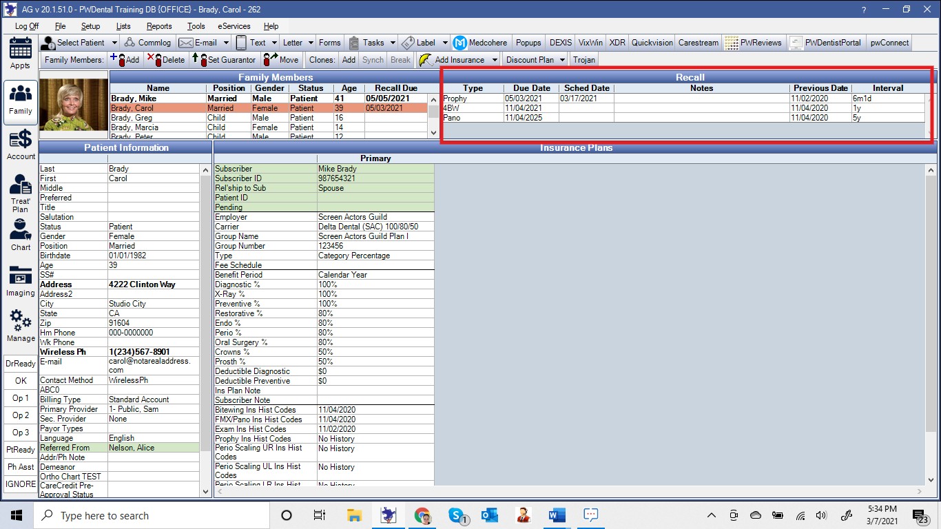 Screenshot of the Family Module in Practice-Web with the Recall section in the upper right  highlighted.