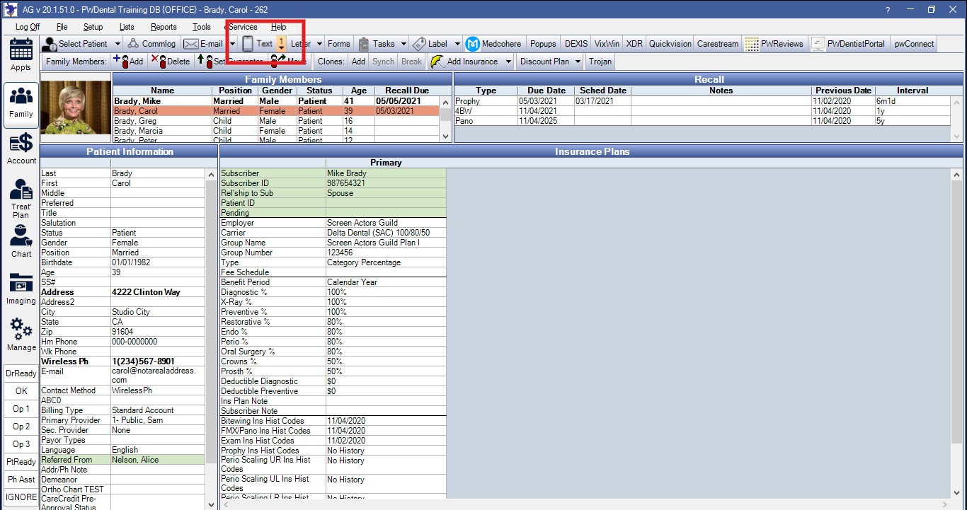 Screenshot of Practice-Web showing incoming text message alert for real-time patient communication