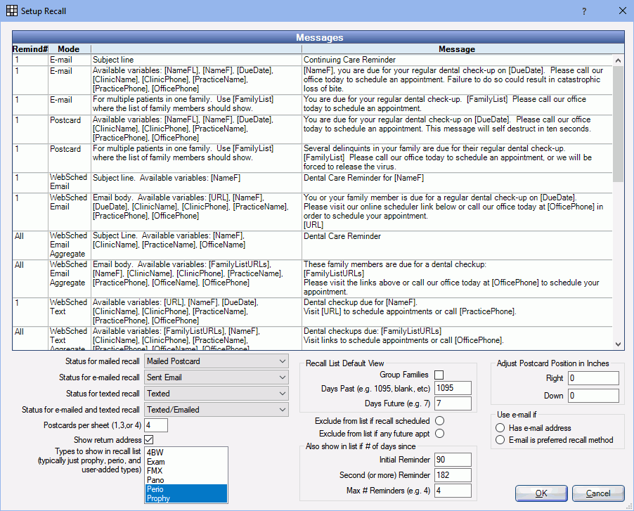 Screenshot of recall setup in Practice-Web