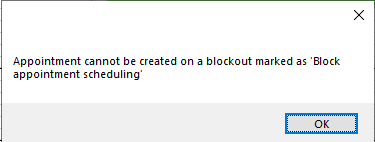 Screenshot: Appointment cannot be created on a blockout marked as 'block appointment sceduling'