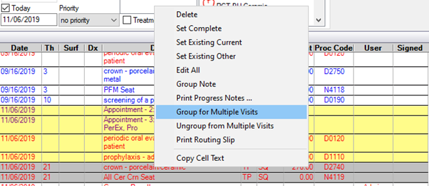 Screenshot: Right-click to group for multiple visits