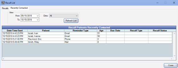 Screenshot: recall list