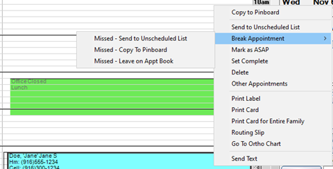 Screenshot: right-click on Practice-Web appointment