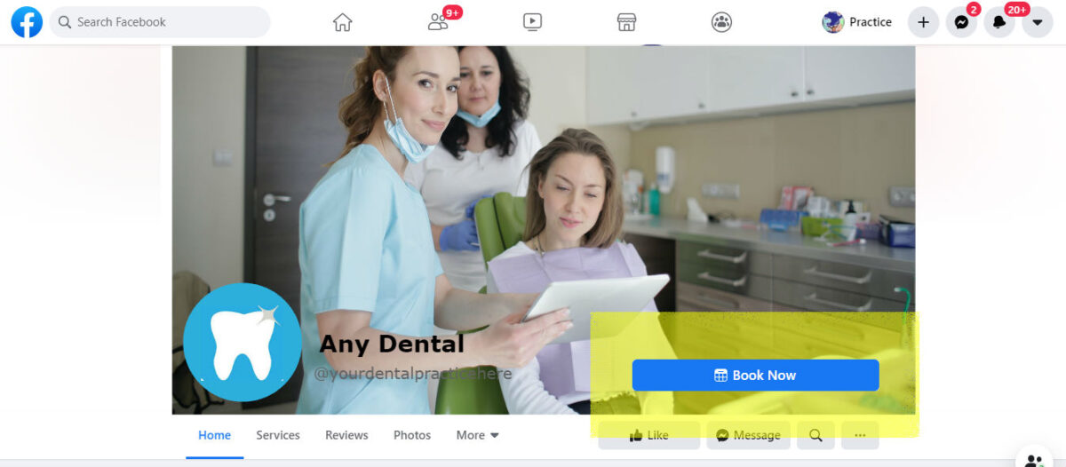 Book Now button on a dentist's Facebook page