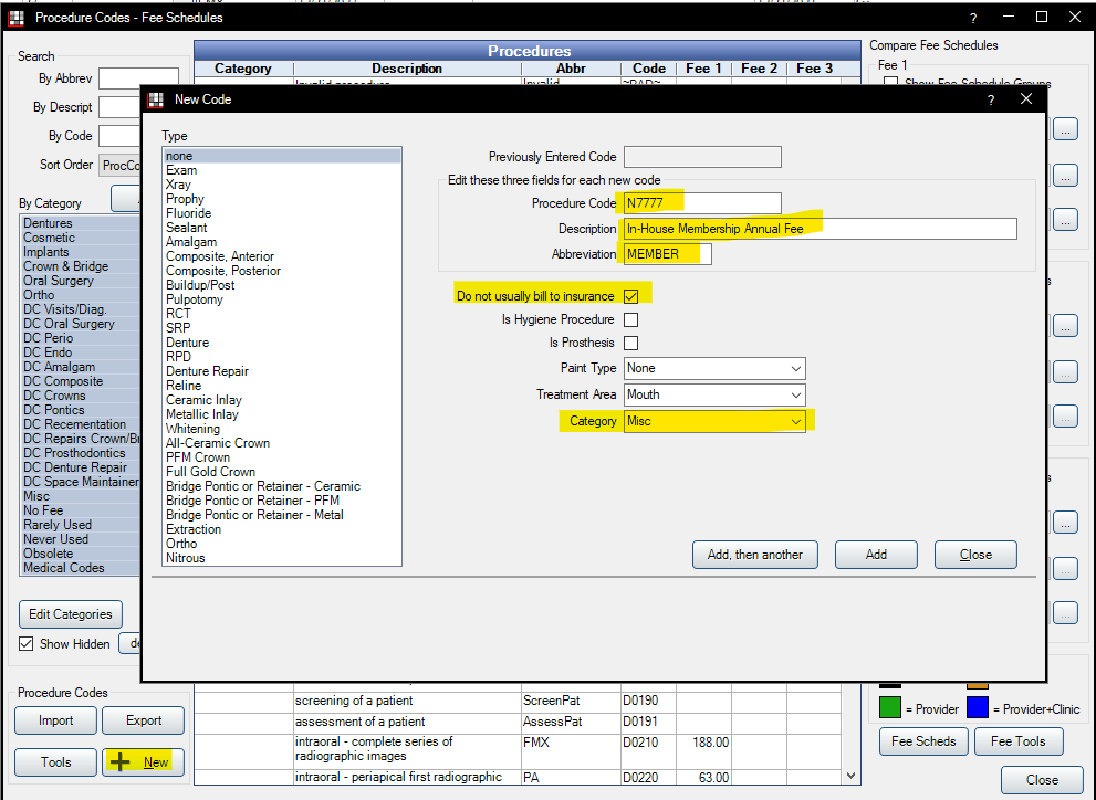 Screenshot - adding a new billing code for your membership plan fee