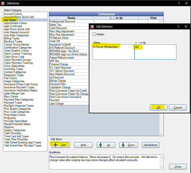 Screenshot - creating an Adjustment Type in Practice-Web