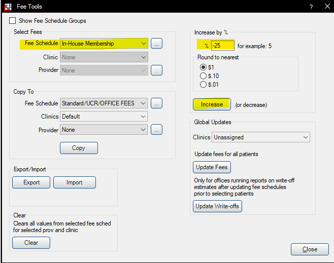 Screenshot - Adjusting an entire Fee Schedule at once