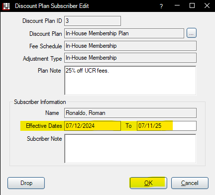 Screenshot - adding a discount plan to a patient in Practice-Web