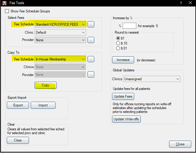 Screenshot - copying fee schedules in Practice-Web