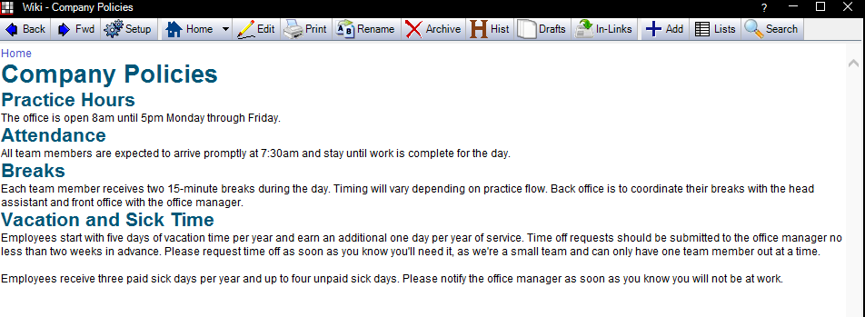 Wiki page in Practice-Web being used to show company policies