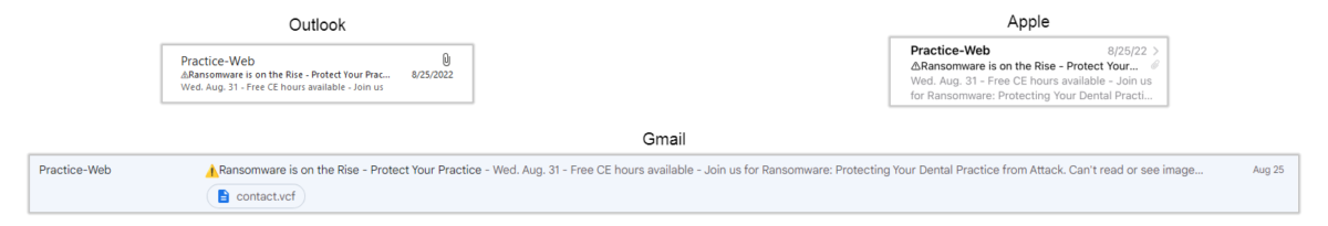 screenshots of how the same email looks different across three email platforms: Outlook, Apple, Gmail