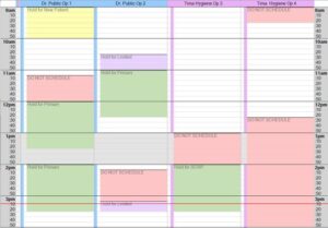 Practice-Web schedule with multiple blockouts serving as a dental scheduling template