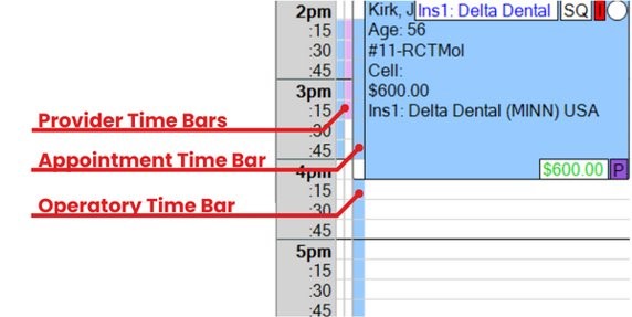 Provider, appointment, and operatory time bars on Practice-Web schedule