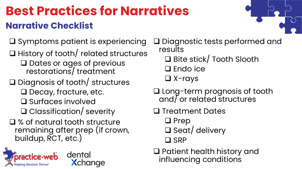 Insurance an narrative checklist to improve claims acceptance