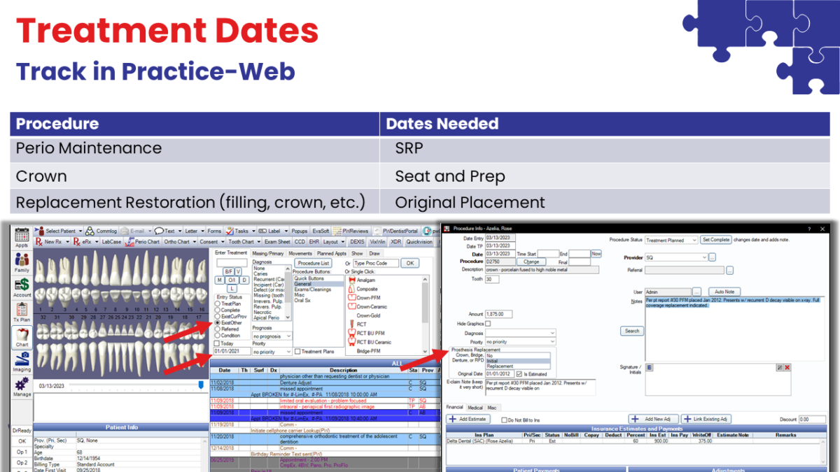 Keep track of treatment dates in the patient chart in Practice-Web as well as in procedures as they're diagnosed