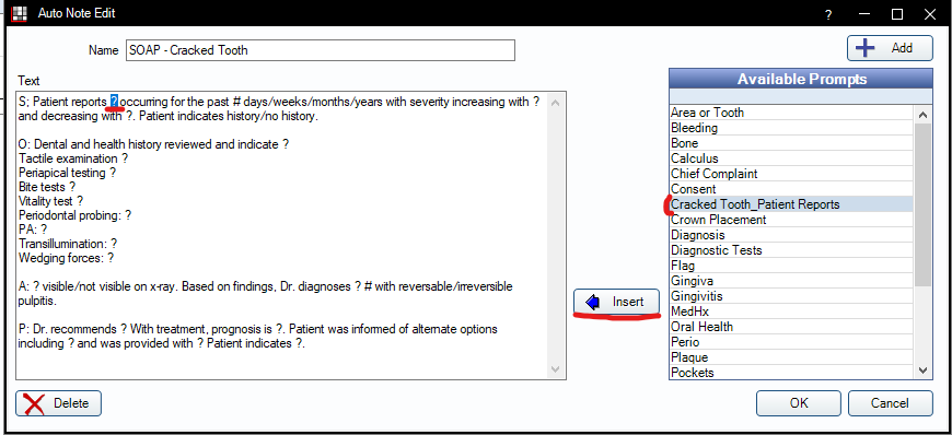 Inserting a prompt in an auto note