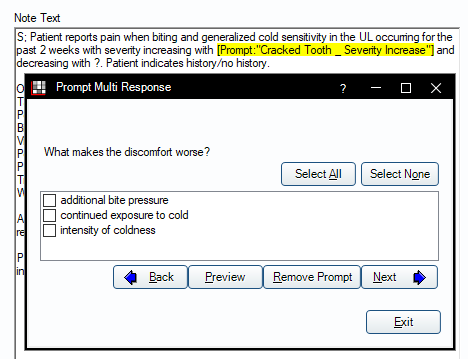 multi-response prompt in use in an auto note