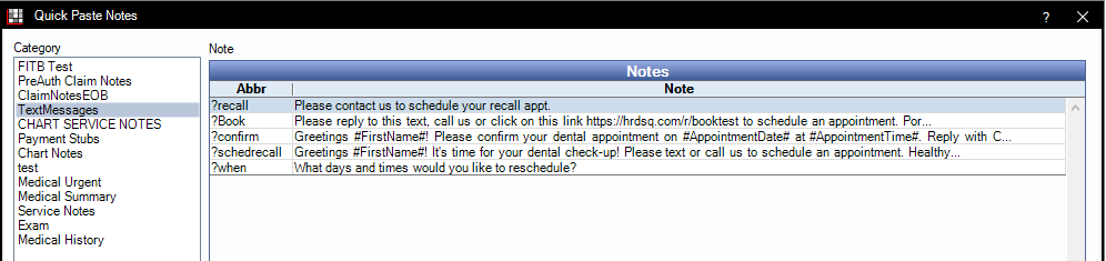 Screenshot of Practice-Web Quick Paste notes for texting